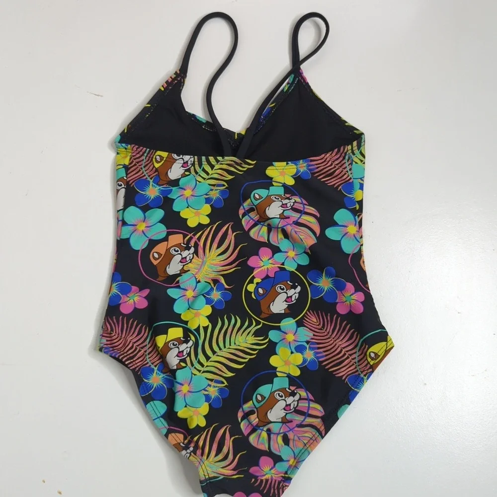 Kids Girls Buc-ee's Swimsuit Size S Black Floral Tropical Hawaiian One‎ Piece